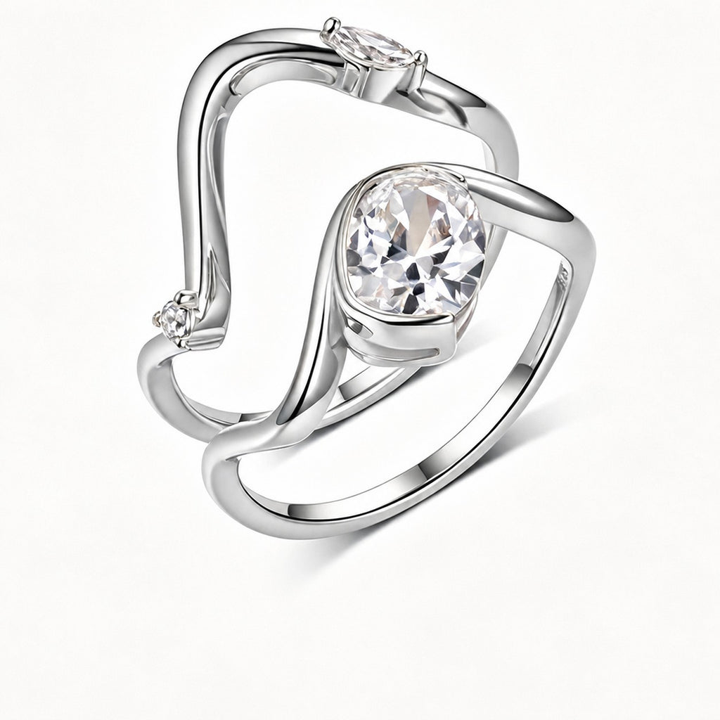 Geometric Wave Wrap Moissanite  925 Sterling Silver Double Band Open Ring