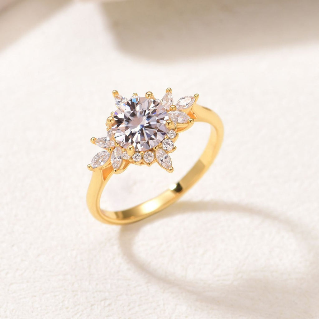 Round Center Stone Sunflower Moissanite 925 Sterling Silver Ring