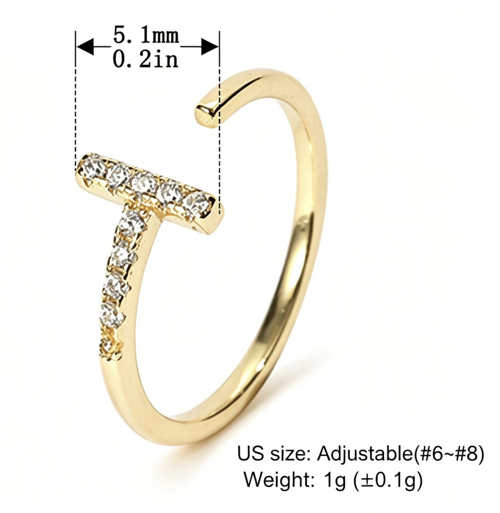 Geometric T Bar Cubic Zirconia Open Ring 925 Sterling Silver Minimalist Line Design Adjustable Ring