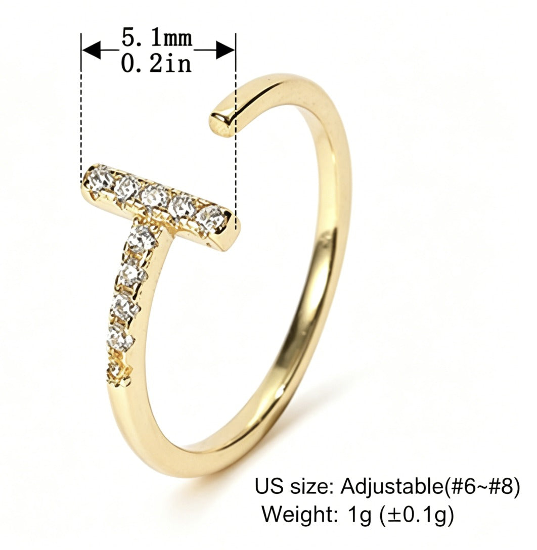 Geometric T Bar Cubic Zirconia Open Ring 925 Sterling Silver Minimalist Line Design Adjustable Ring
