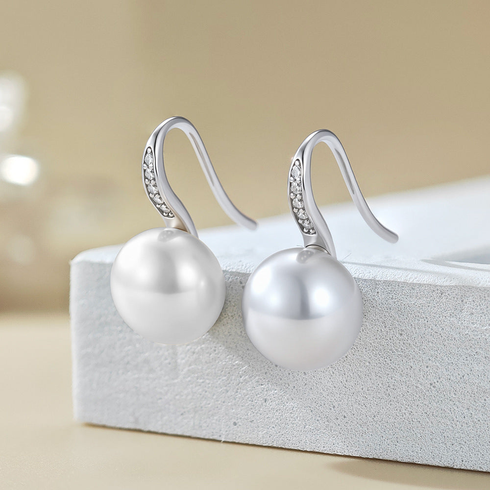 Natural Freshwater Pearl And Clear Cubic Zirconia Curved  925 Sterling Silver Hook Drop Earrings