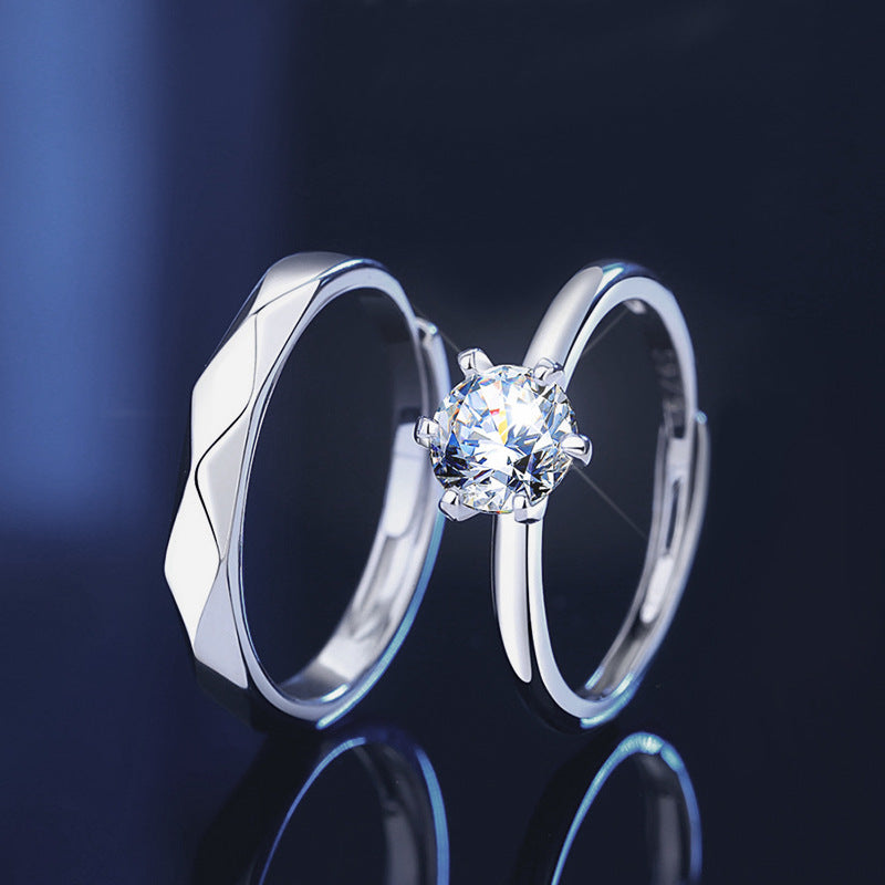 Minimalist Six-Prong Moissanite Silver S925 Sterling Silver Wedding Engagement Band Set Couple Rings