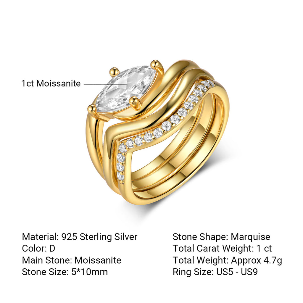 Mossanite Marquise Cut 3 Piece Set of 925 Sterling Silver Rings