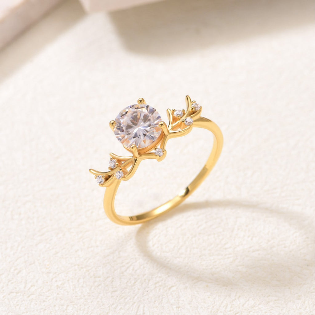 Moissanite Vine Branch Leaf Round Solitaire S925 Sterling Silver Ring