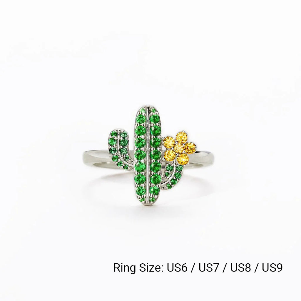 Green Cactus Flower Cubic Zirconia 925 Sterling Silver Ring