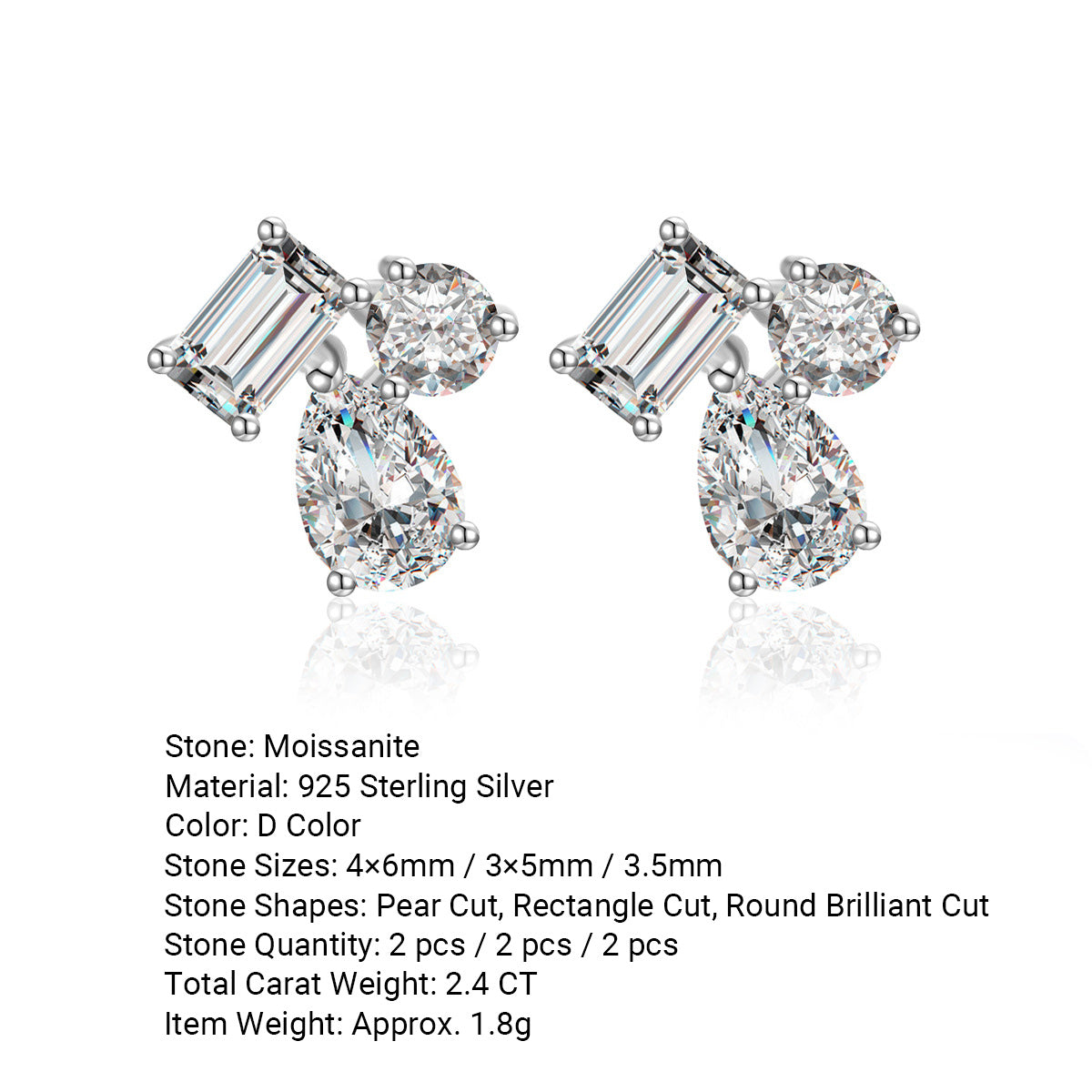 Asymmetrical Design  Moissanite 925 Sterling Silver Stud Earrings