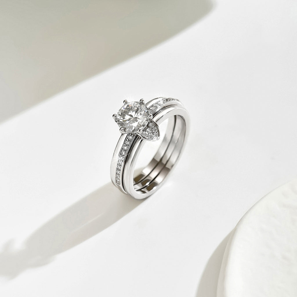 Moissanite 925 Sterling Silver Three Band Bridal  Set Round Six Prong Solitaire Pave Ring