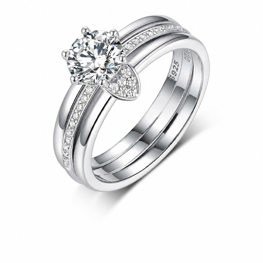 Moissanite 925 Sterling Silver Three Band Bridal  Set Round Six Prong Solitaire Pave Ring