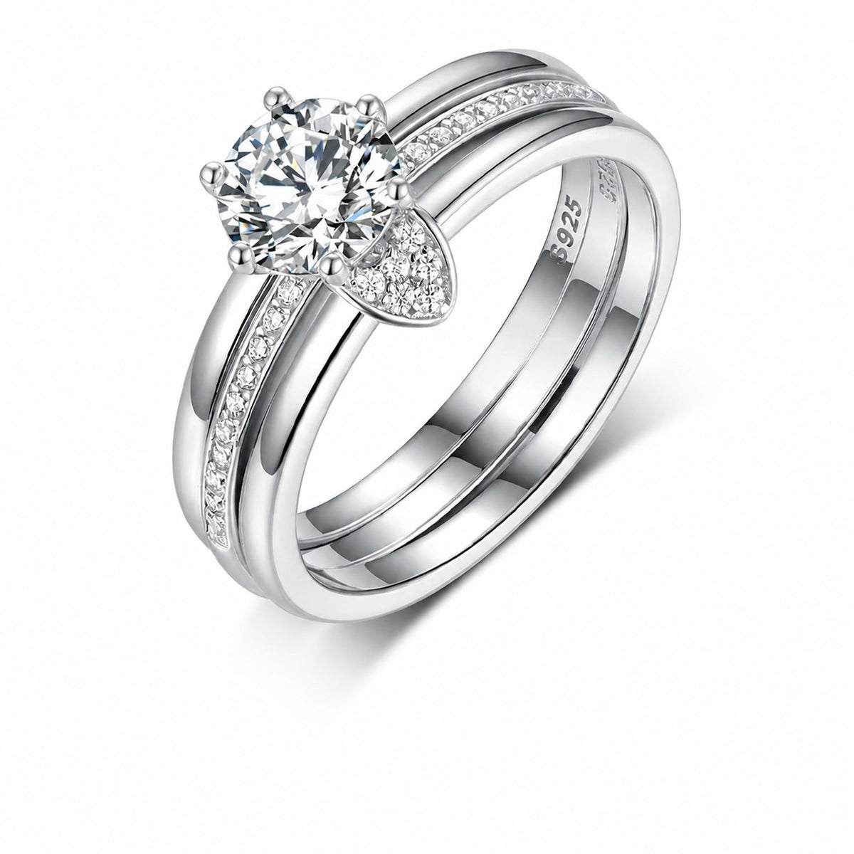 Moissanite 925 Sterling Silver Three Band Bridal  Set Round Six Prong Solitaire Pave Ring