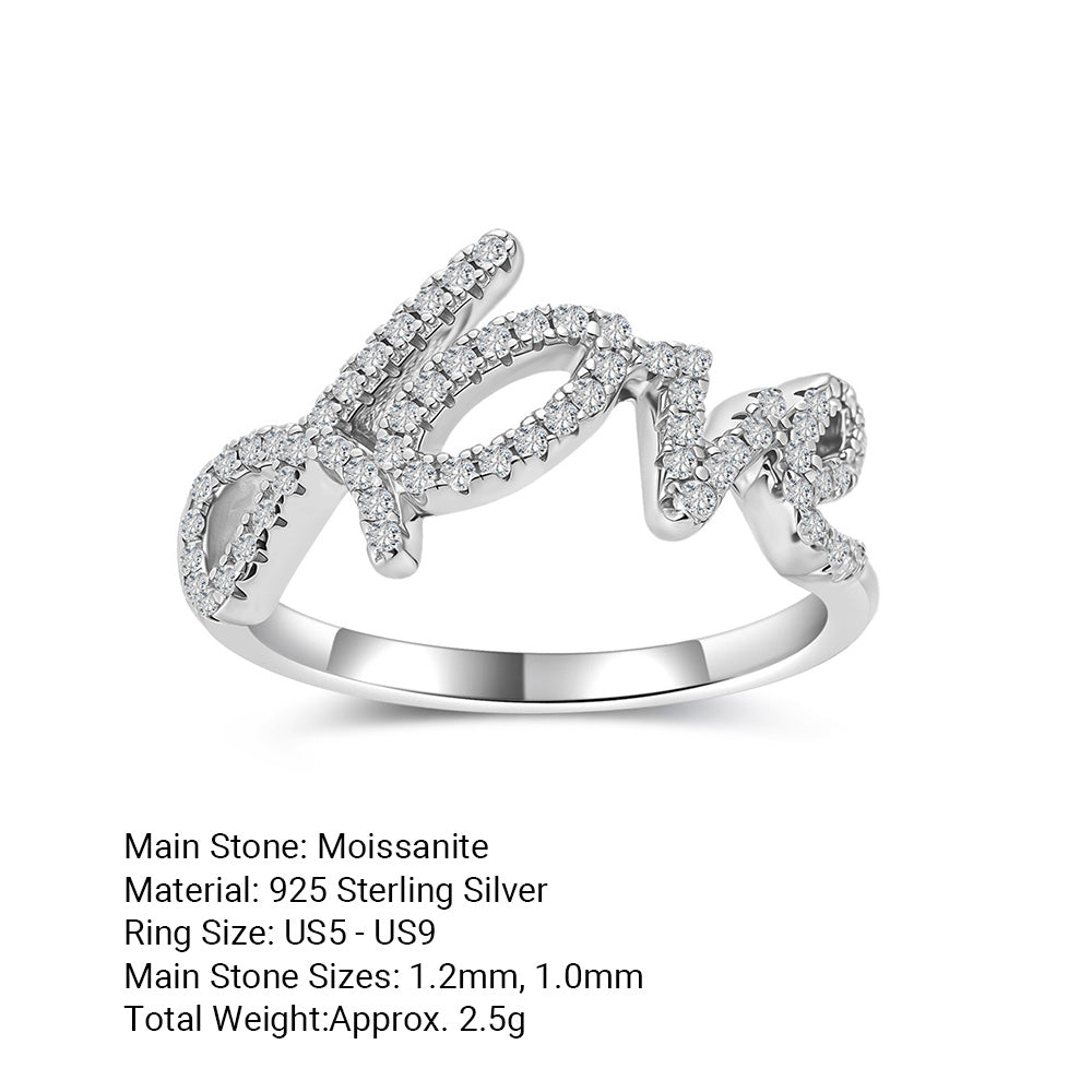 White Moissanite LOVE Letter Script Ring 925 Sterling Silver  Ring