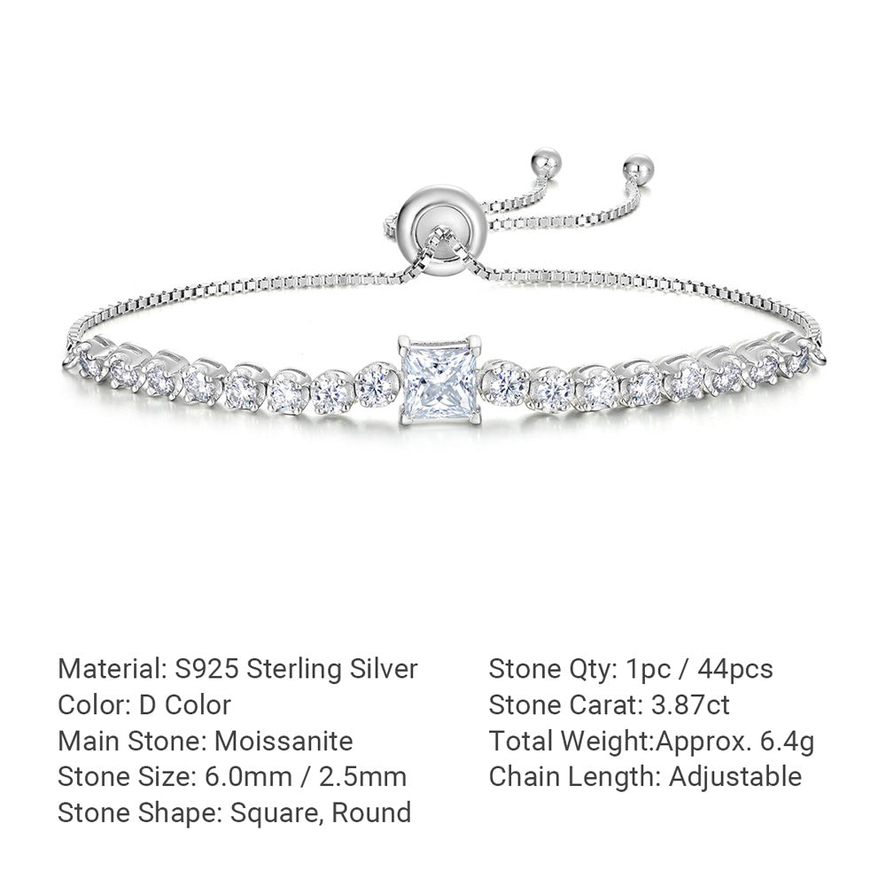 White Moissanite Geometric Princess Cut Square Center Stone Tennis Bracelet  925 Sterling Silver Adjustable Slider Chain Bracelet