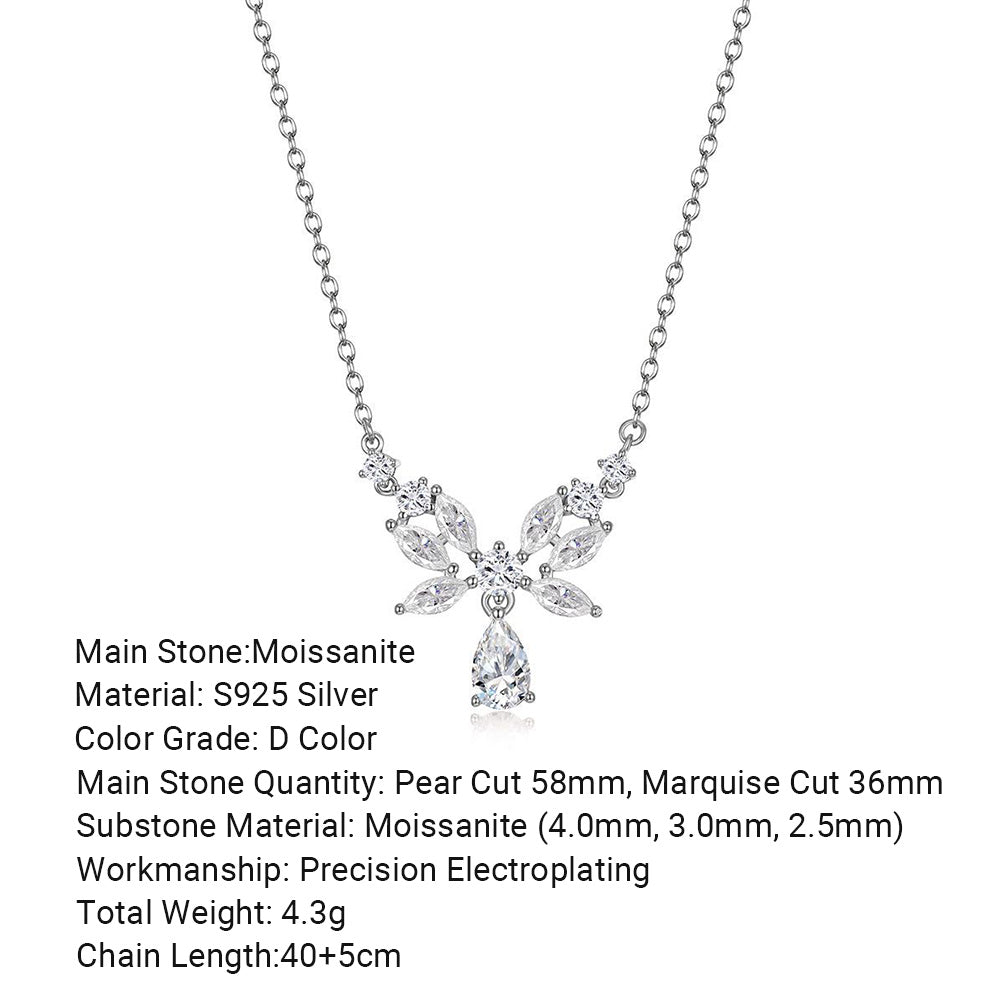 Butterfly Wing Marquise And Pear Cut Moissanite  925 Sterling Silver Pendant Necklace