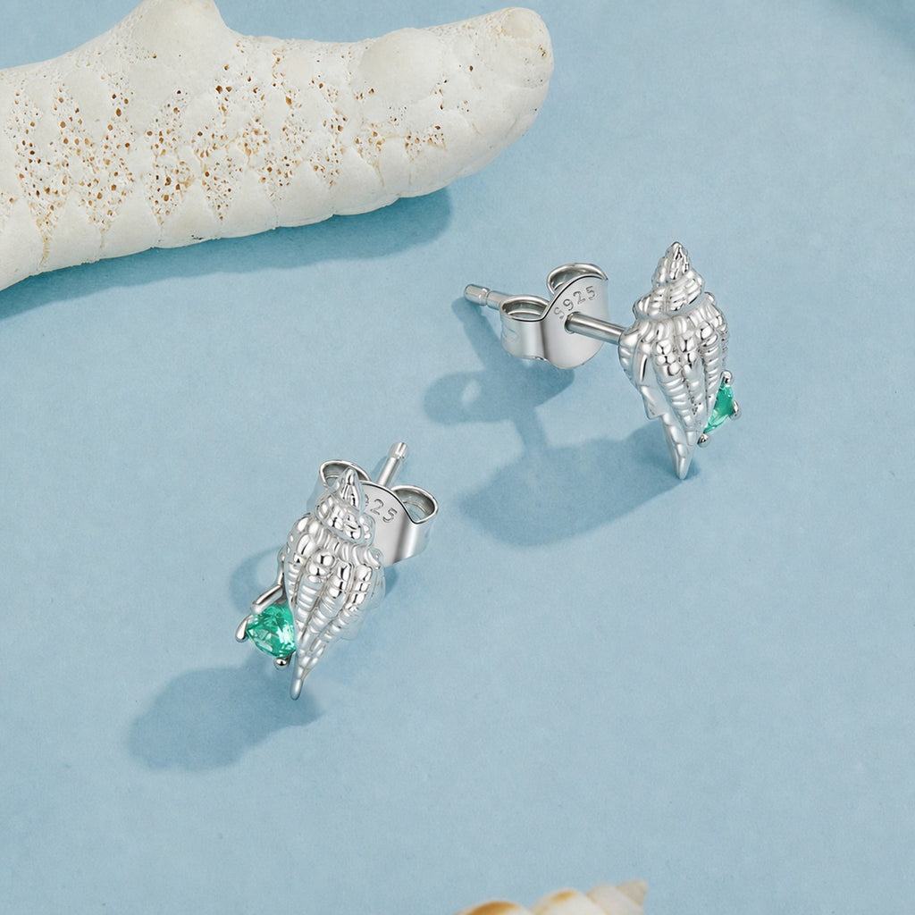 Ocean Summer Vacation Conch Shell 925 Sterling Silver Plated Stud Earrings