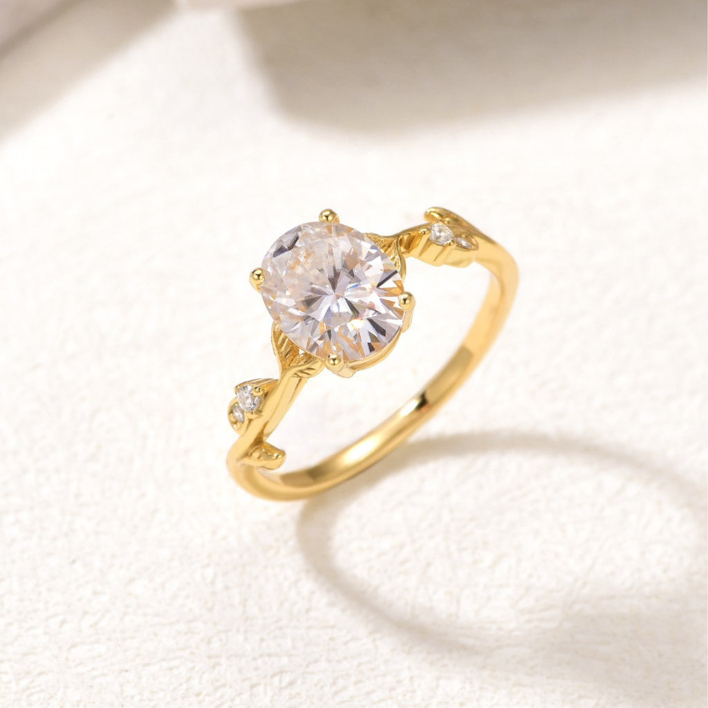 Oval Moissanite Leaf Branch Suburban Design 925 Sterling Silver Ring