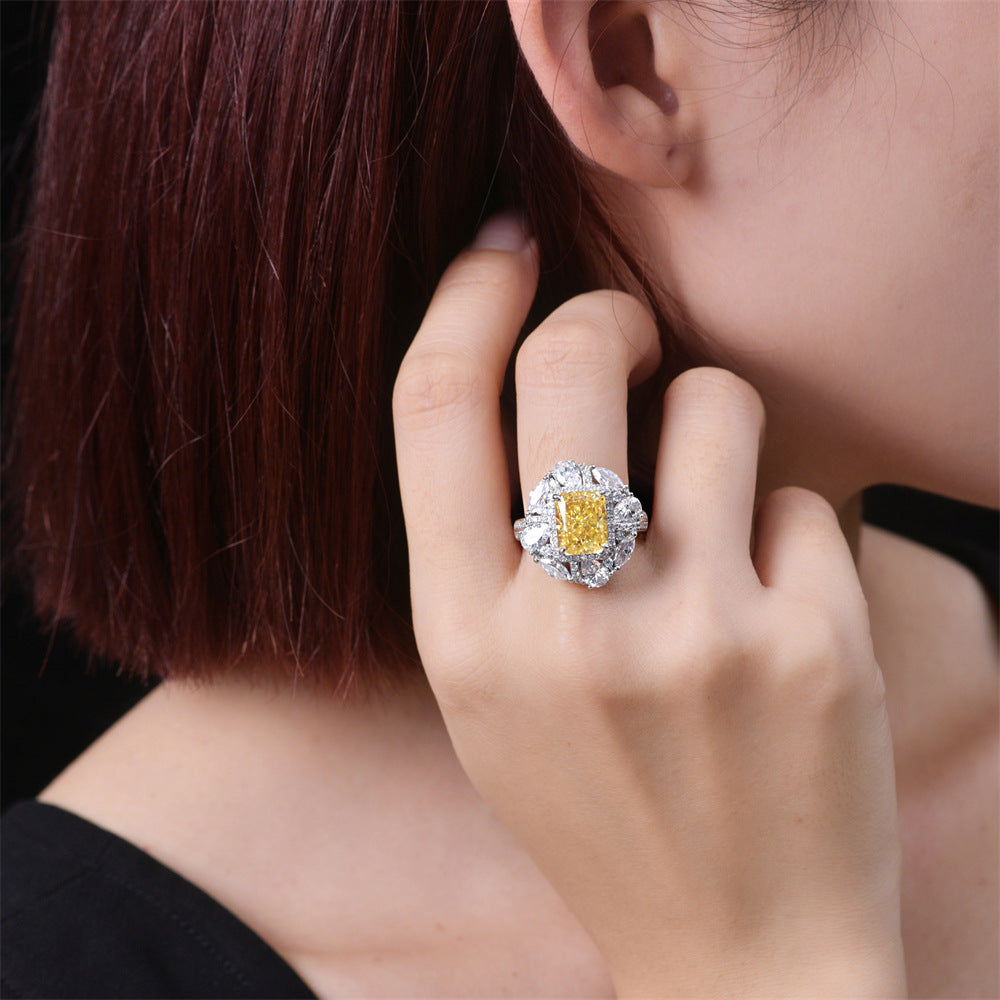 Stylish Yellow Rectangular Zirconia Halo 925 Sterling Silver Ring