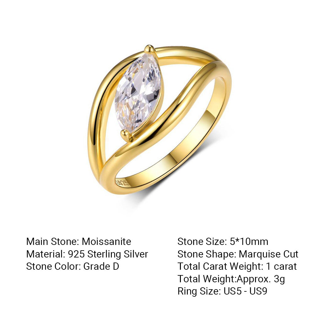 Marquise Moissanite Openwork Bypass 925 Sterling Silver Minimalist Geometric Ring
