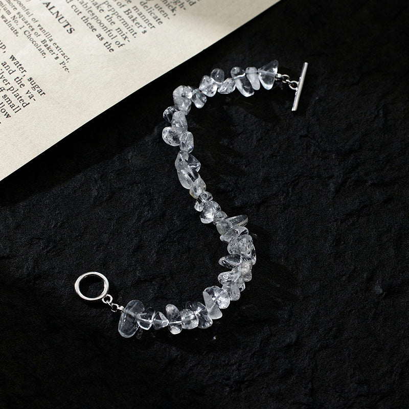 Natural Stone Irregular Clear White Crystal Chip Bead OT Toggle Clasp 925 Sterling Silver Bracelet