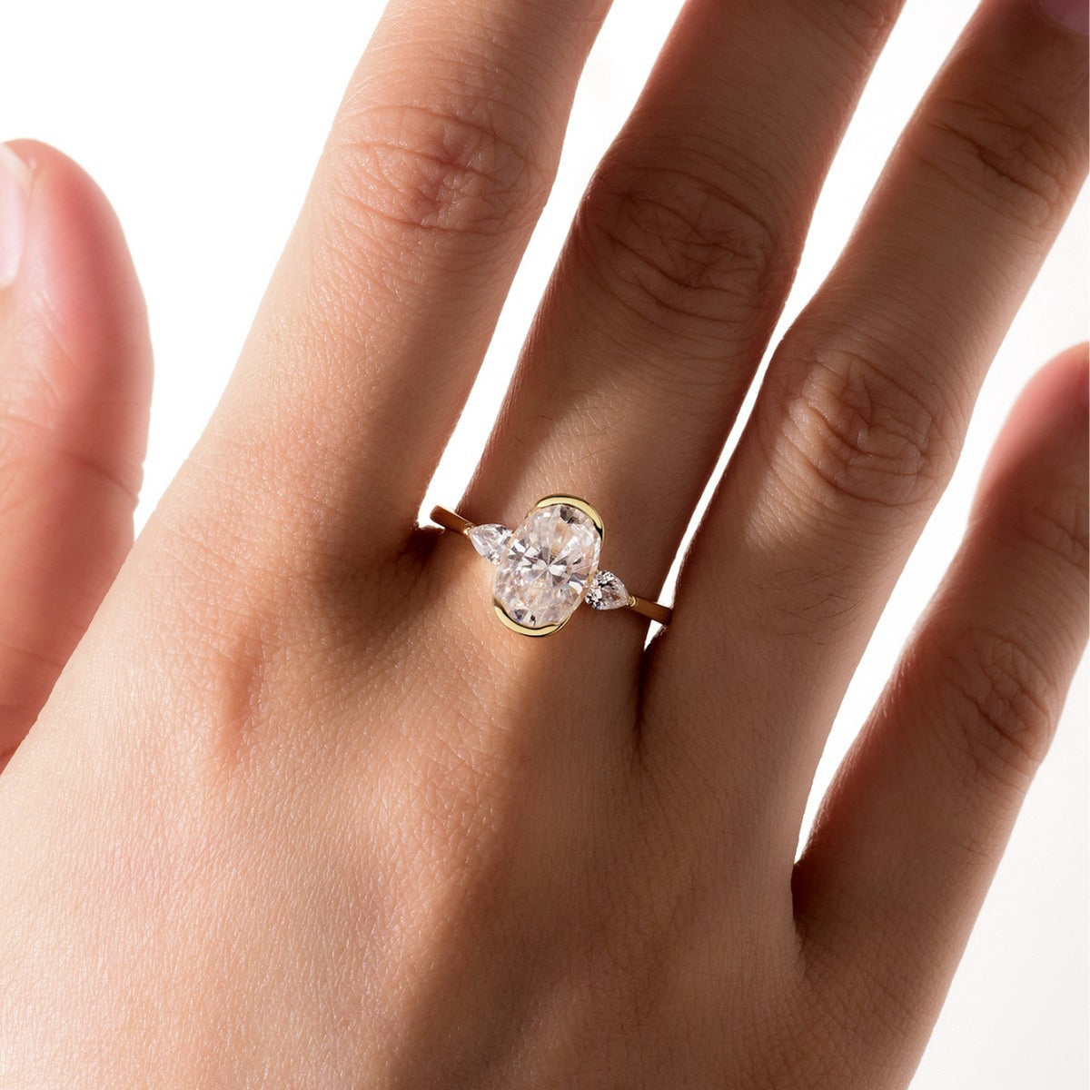Three Stone Design With Oval Center Stone And  Water Drop Side Stones Moissanite For Women 925 Sterling Silver Ring