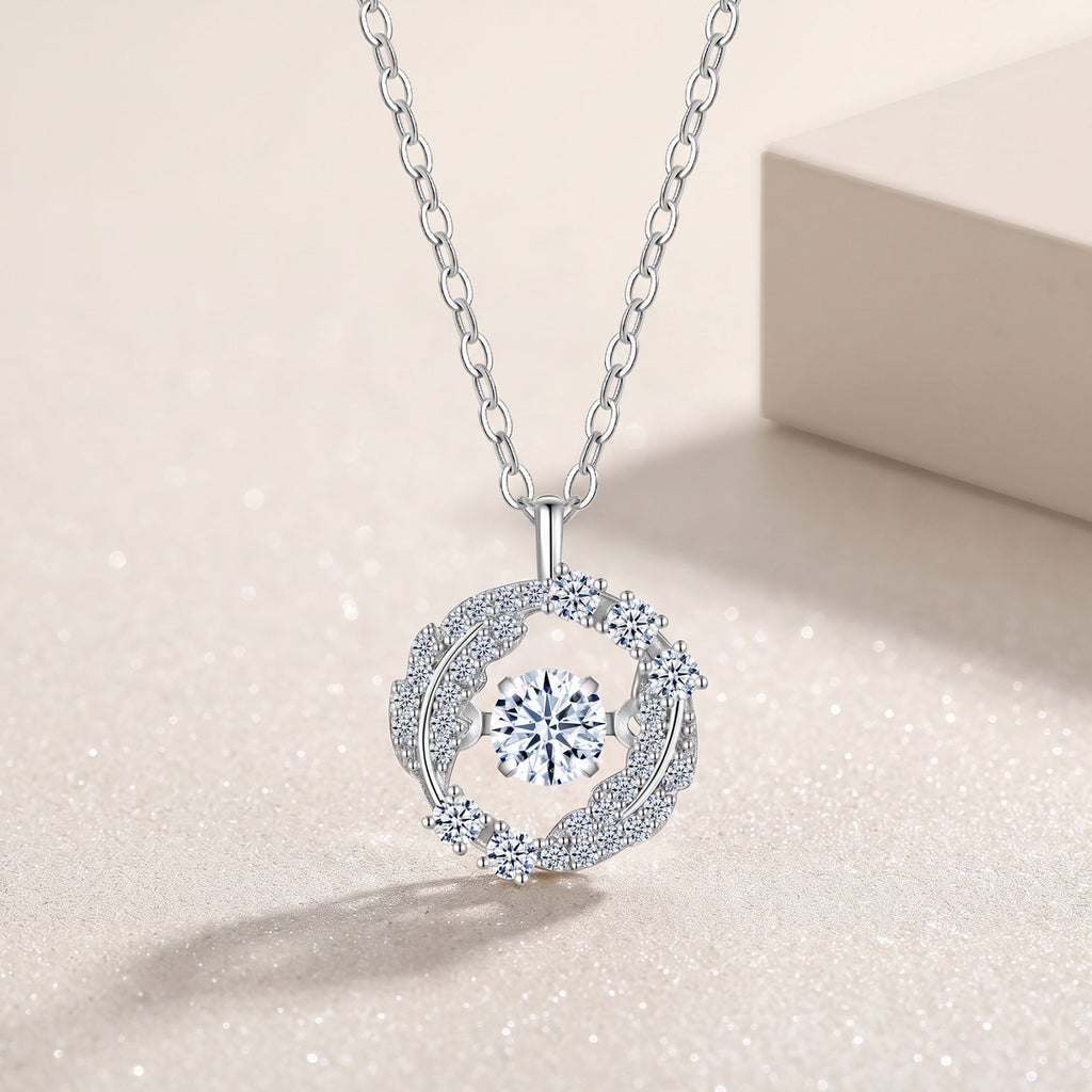Moissanite Wing Halo Round Pendant 925 Sterling Silver Micro Pave Elegant Fashion Necklace
