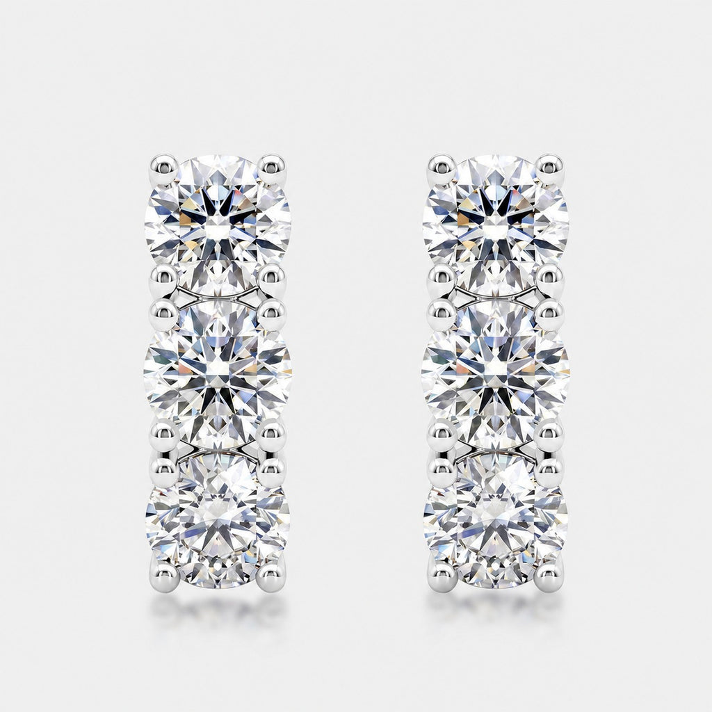 Triple Round Moissanite Geometric Row Silver Tone 925 Sterling Silver Stud Earrings