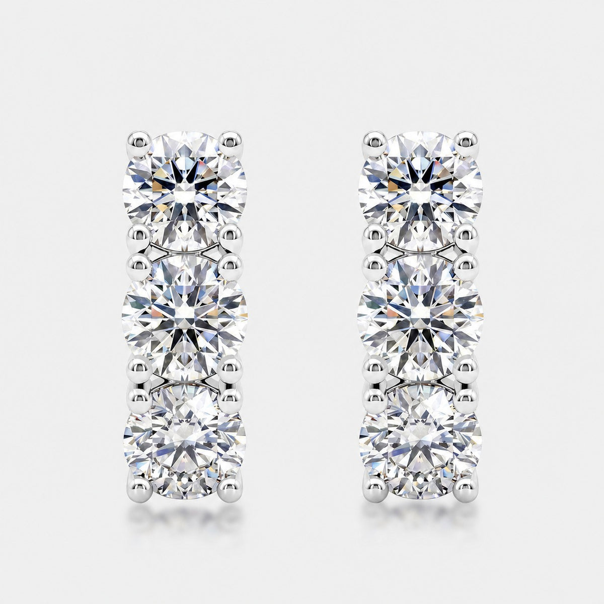 Triple Round Moissanite Geometric Row Silver Tone 925 Sterling Silver Stud Earrings