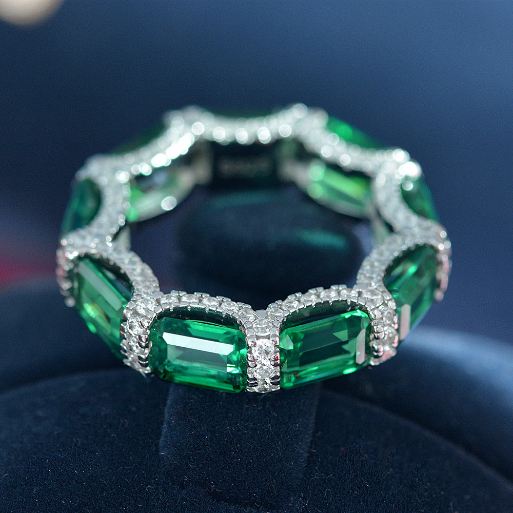 Green Emerald-Cut Synthetic Emerald Zircon Full-Circle Eternity 925 Sterling Silver Ring