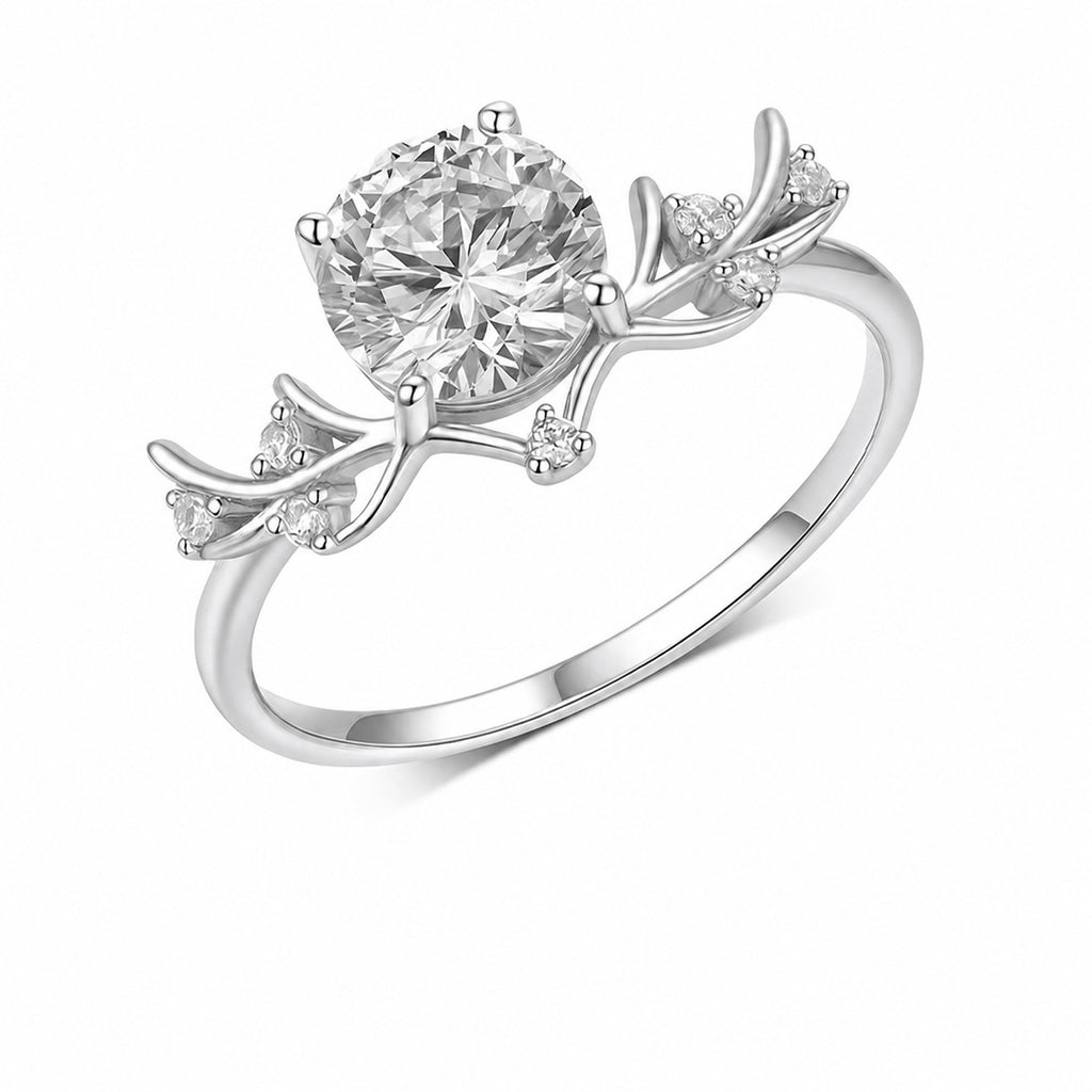 Moissanite Vine Branch Leaf Round Solitaire S925 Sterling Silver Ring