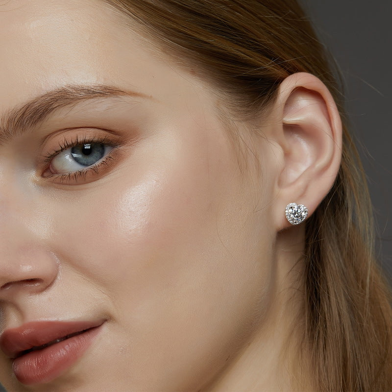 Heart Halo Moissanite  925 Sterling Silver Round Stud Earrings