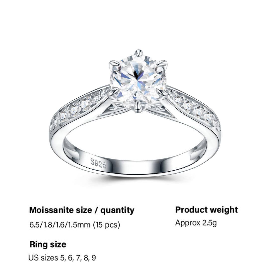 Six-prong Set Moissanite  925 Sterling Silver Ring