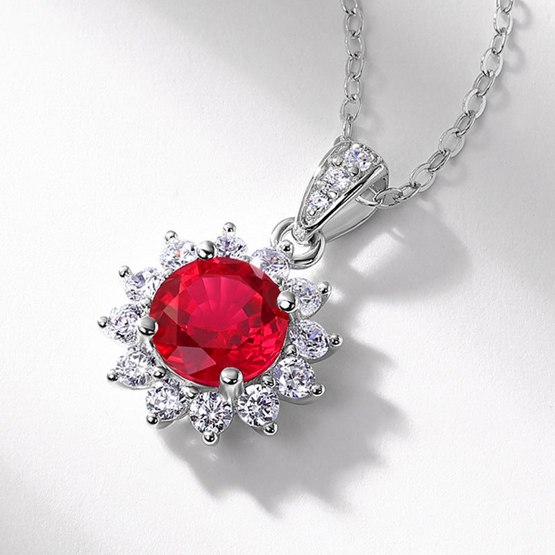 Sunflower Halo Red Lab Ruby Cubic Zirconia Pendant 925 Sterling Silver Flower Chain Necklace