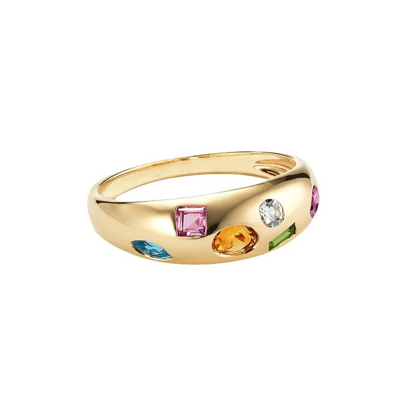 Modern Elegant Statement Jewelry Multicolor Geometric Cubic Zirconia 925 Sterling Silver Ring Yellow Gold  Band Ring