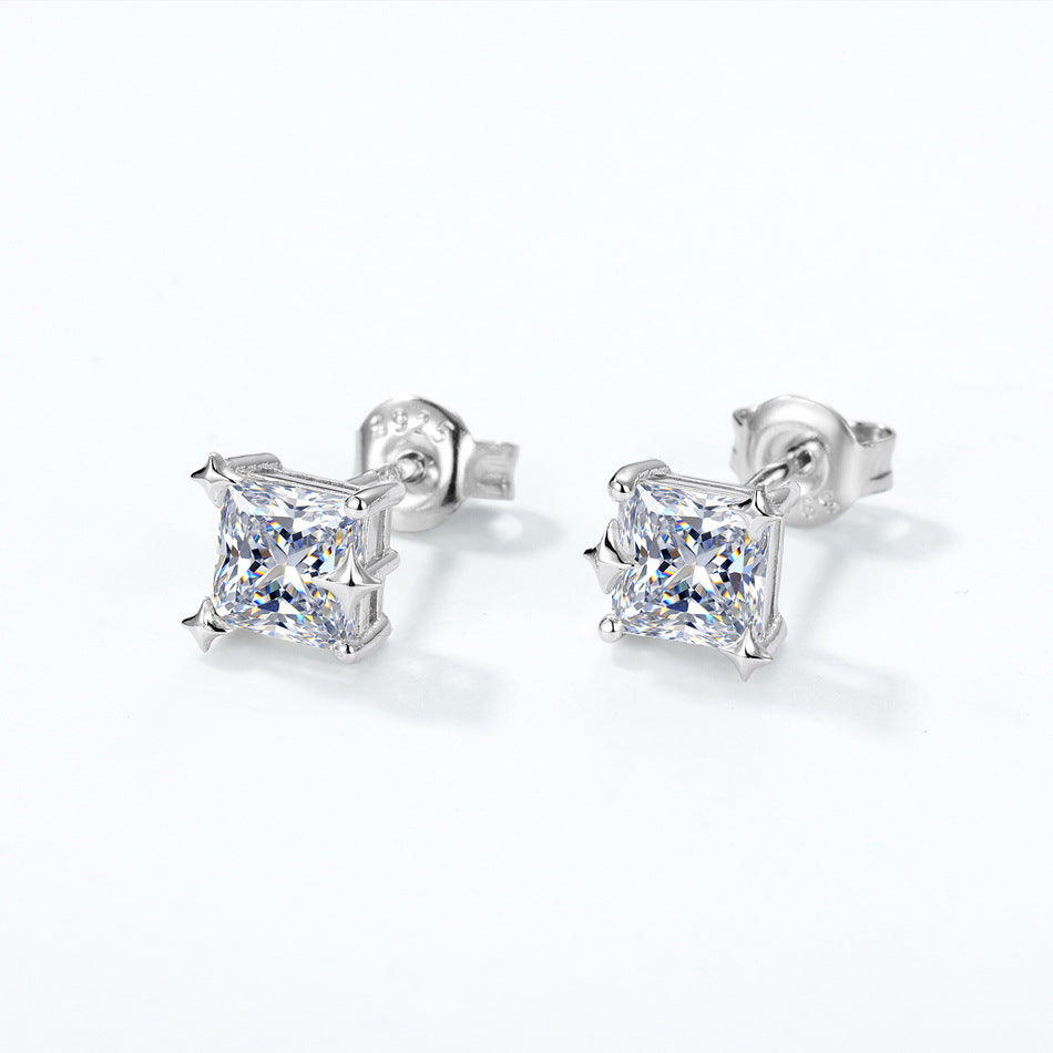 Moissanite Geometric Star Corner Princess Cut Square 925 Sterling Silver Stud Earrings