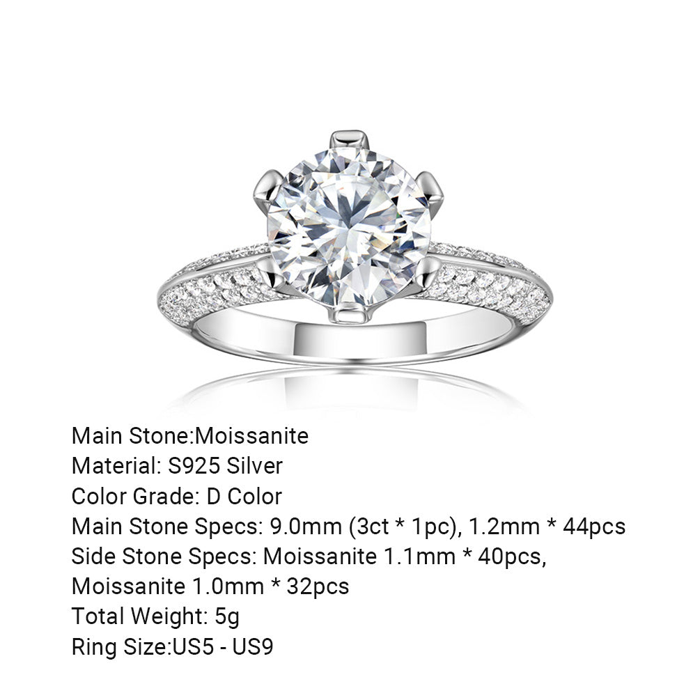 Round Brilliant Moissanite Pave Band 925 Sterling Silver Ring