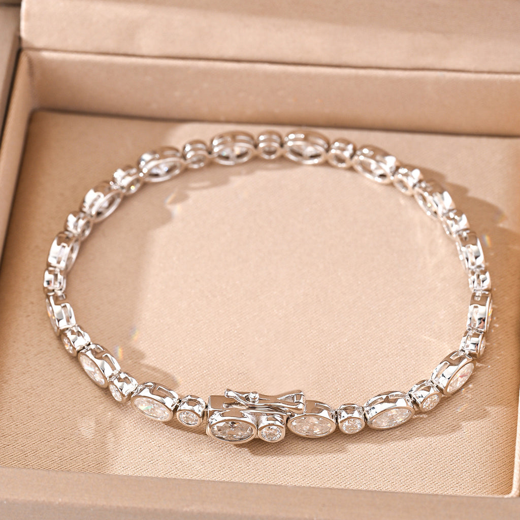 White D Color Moissanite Oval And Round Alternating Tennis Bracelet S925 Sterling Silver Fine Electroplated Elegant Fashion Chain Bracelet For Women Men Anniversary Gift Jewelry