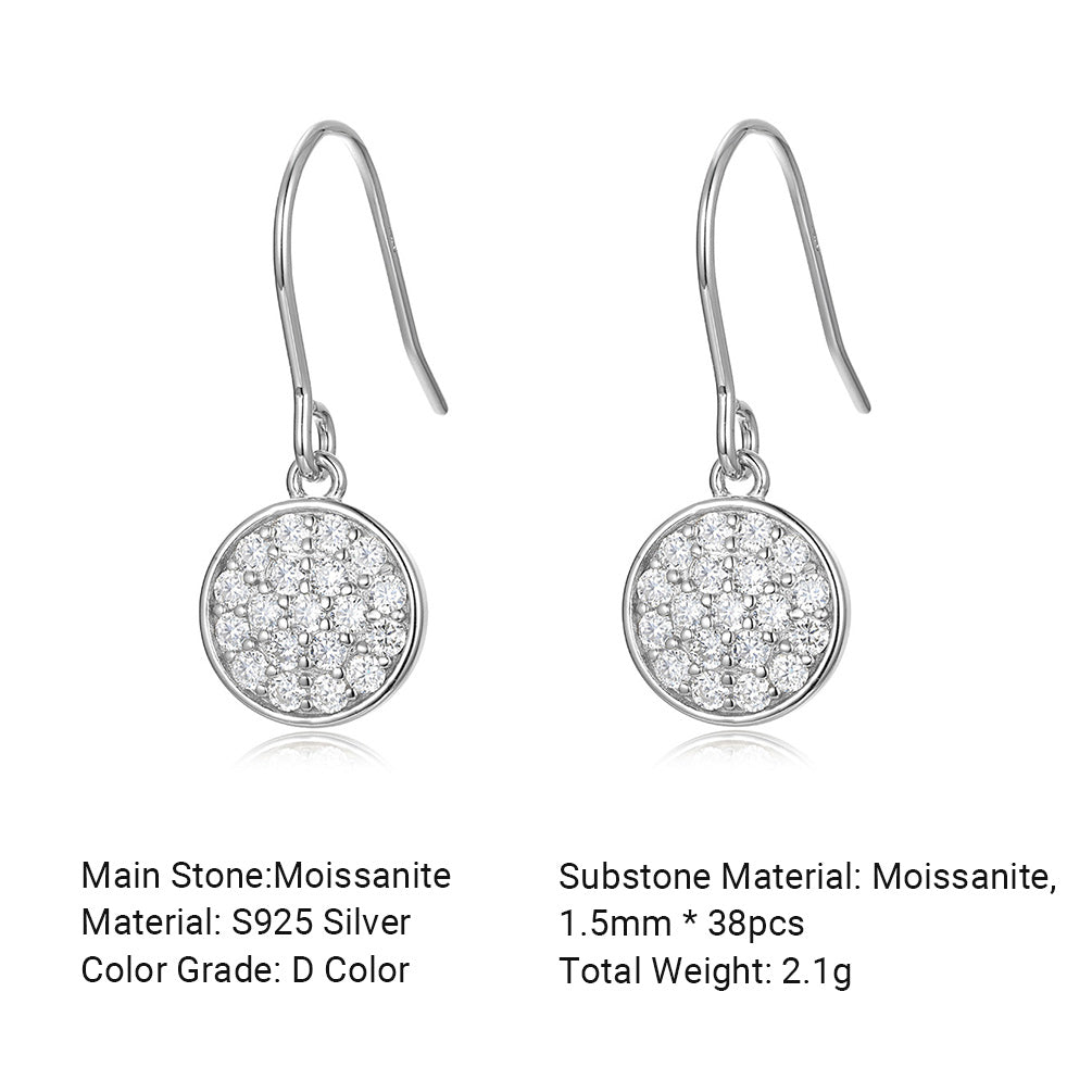 Round Disc Moissanite Pave Drop Earrings  S925 Sterling Silver Earrings