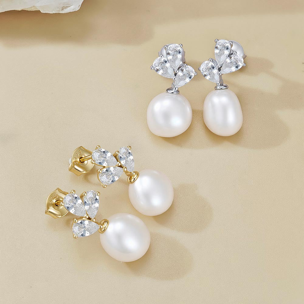 Natural Pearl And Clear Cubic Zirconia Three Petal Cluster  In 925 Sterling Silver  Drop Stud Earrings