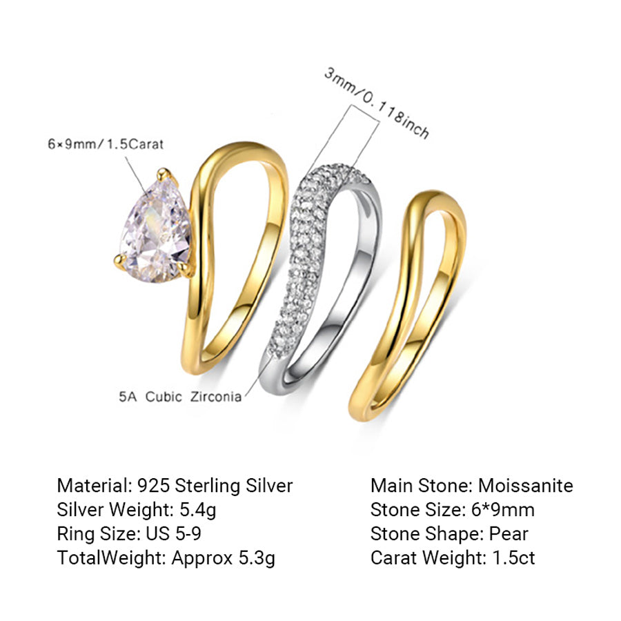 Three Piece Teardrop Shaped Cubic Zirconia Set Stackable 925 Sterling Silver Rings