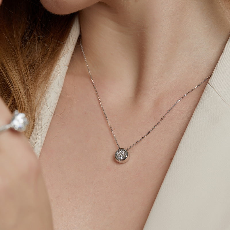 Round Bezel Set Moissanite 925 Sterling Silver Pendant Minimalist Necklace
