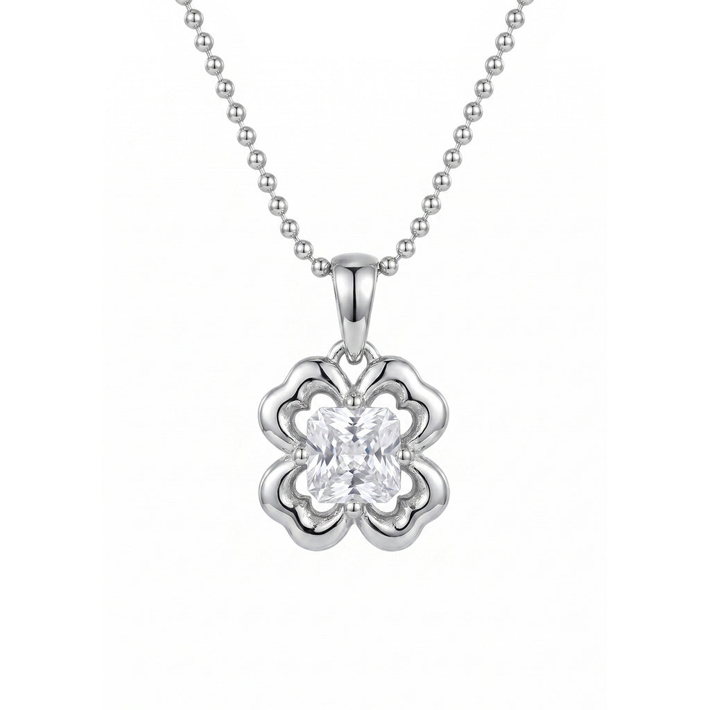 Clover Flower Cubic Zirconia 925 Sterling Silver Ball Chain Necklace