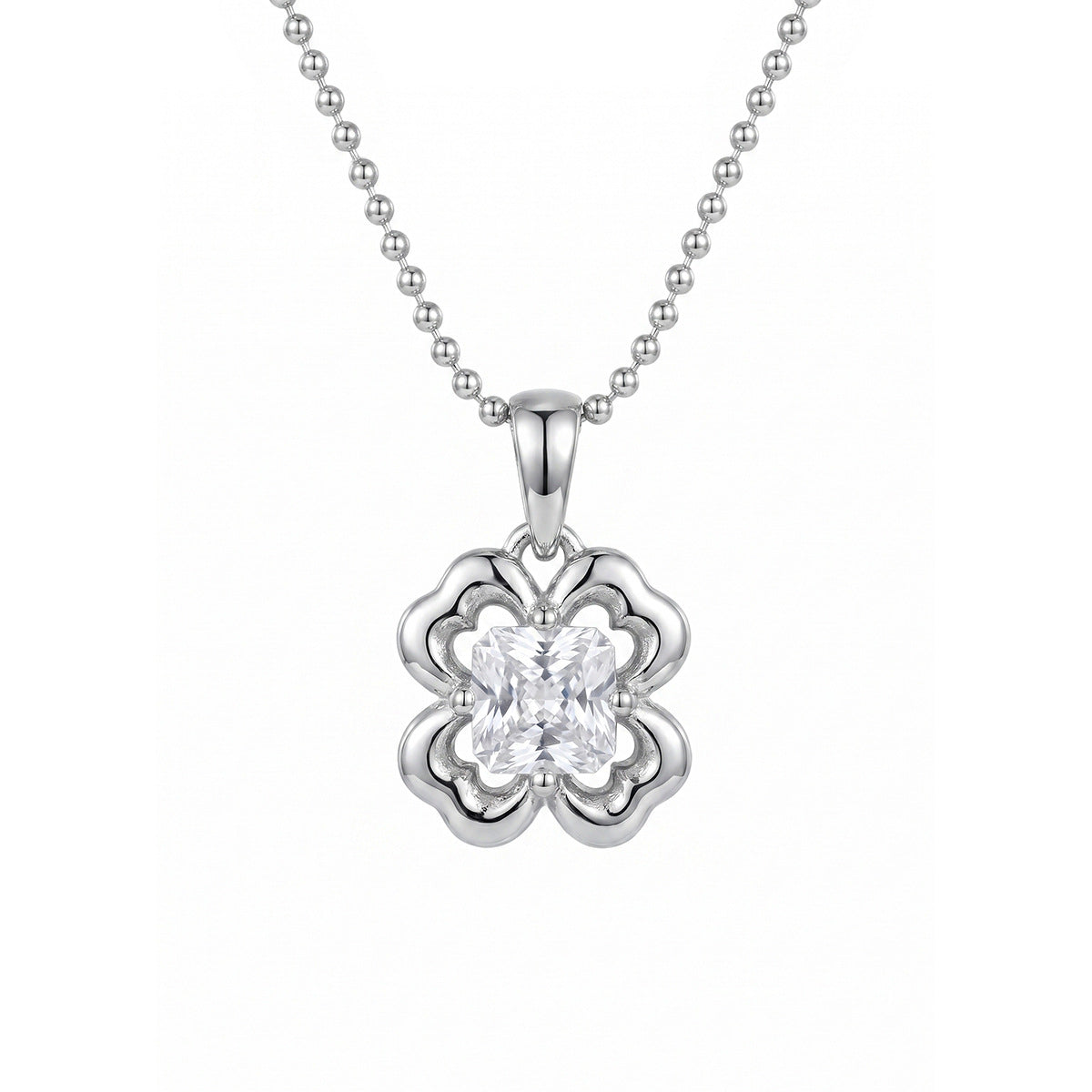 Clover Flower Cubic Zirconia 925 Sterling Silver Ball Chain Necklace