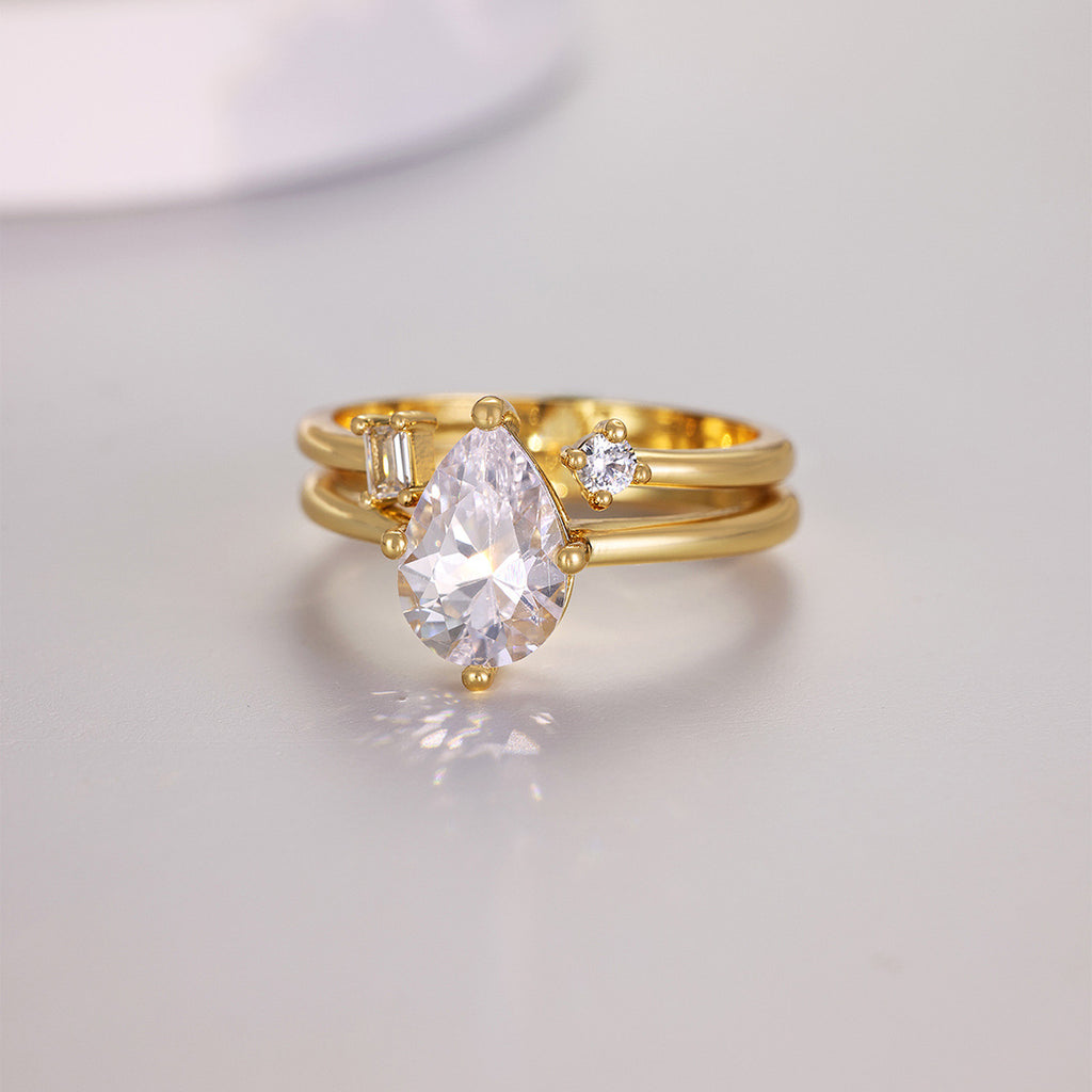 Pear Shape Moissanite Stack  Set 925 Sterling Silver Double Band Ring