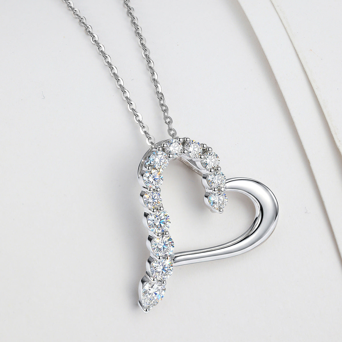 Asymmetrical Hollow Heart Moissanite  925 Sterling Silver  Necklace