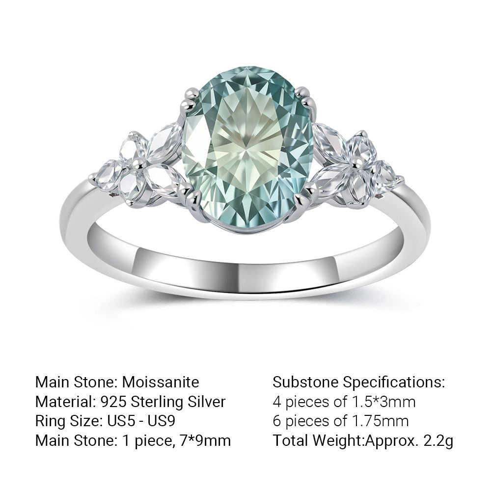 Oval Blue Green Moissanite  925 Sterling Silver Floral Side Stone Cluster Ring