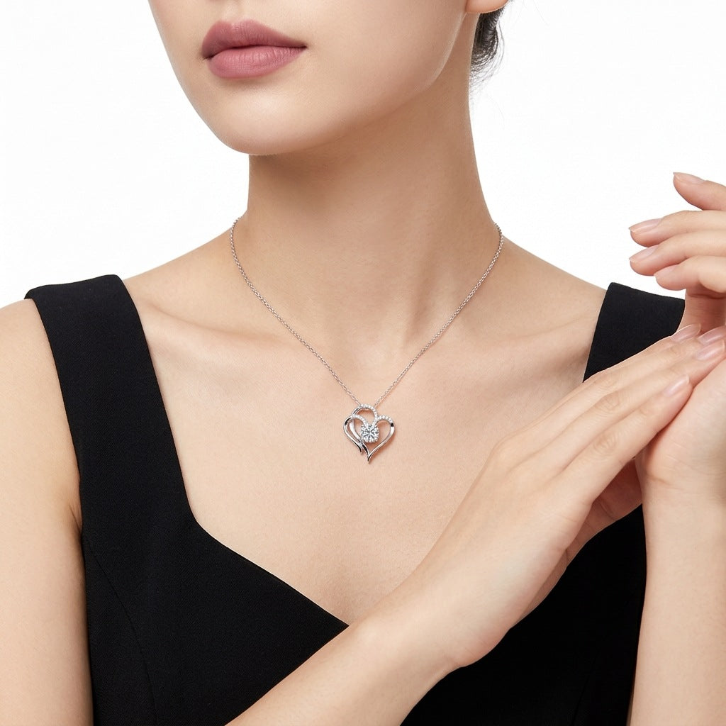 Moissanite Heart And Geometric Pendant  925 Sterling Silver Necklace