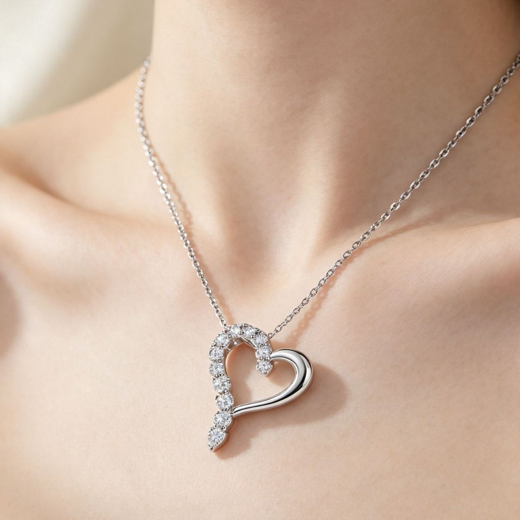 Asymmetrical Hollow Heart Moissanite  925 Sterling Silver  Necklace