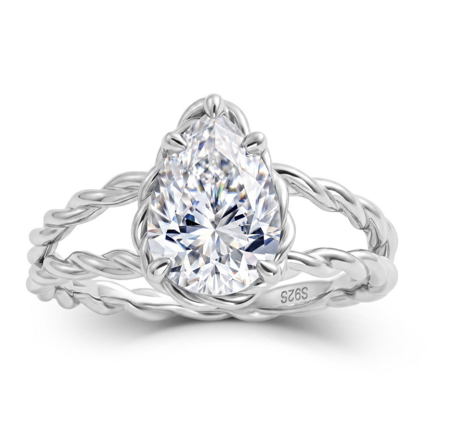 Pear Shaped Moissanite Twisted Double Band In Solid 925 Sterling Silver Ring