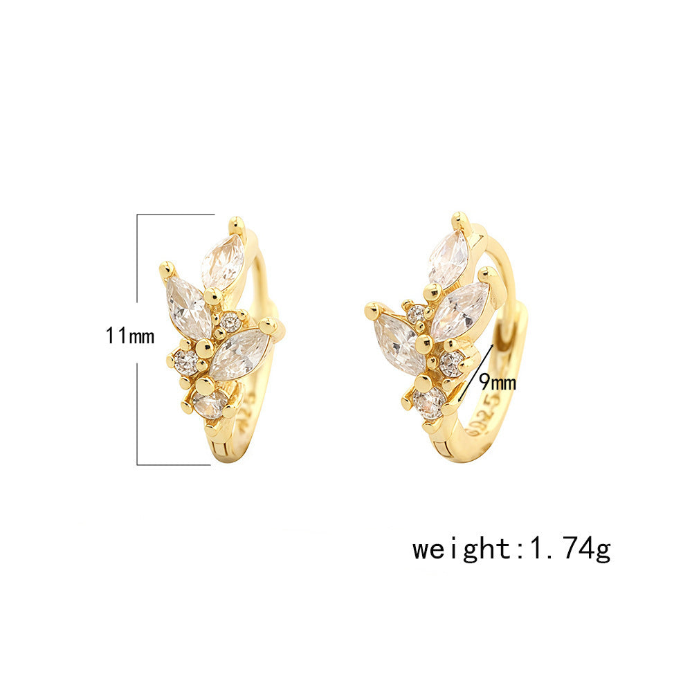 Cubic Zirconia Leaf Cluster 925 Sterling Silver Huggie Hoop Earrings