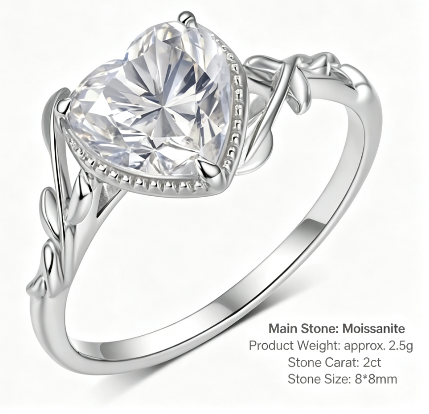 Heart Cut Moissanite Fashion S925 Sterling Silver Gold Plated Vine Leaf Ring