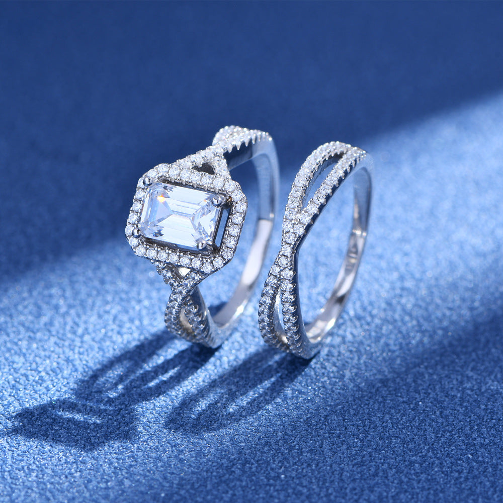 Fashion 2 Pieces Stacker Baguette Cross 925 Sterling Silver Ring