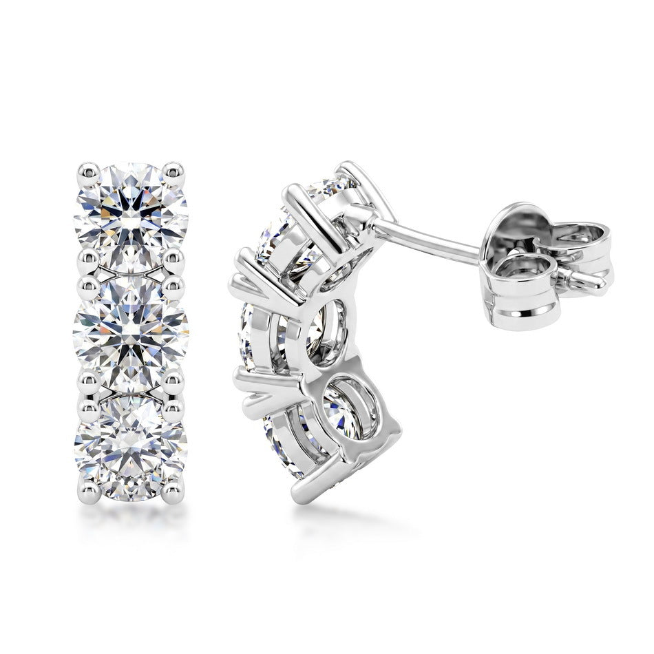 Triple Round Moissanite Geometric Row Silver Tone 925 Sterling Silver Stud Earrings
